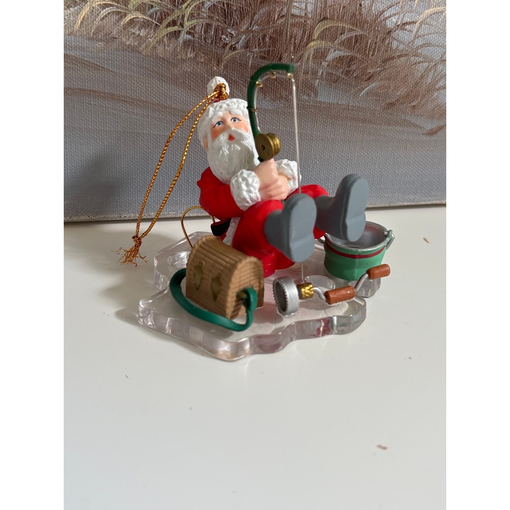 Vintage 1996 Santa's Best Ice Fishing Santa Claus Christmas Ornament Acrylic